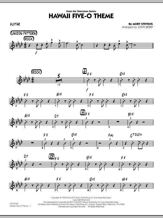 John Berry Hawaii Five-O Theme - Guitar sheet music preview music notes and score for Jazz Ensemble including 2 page(s)