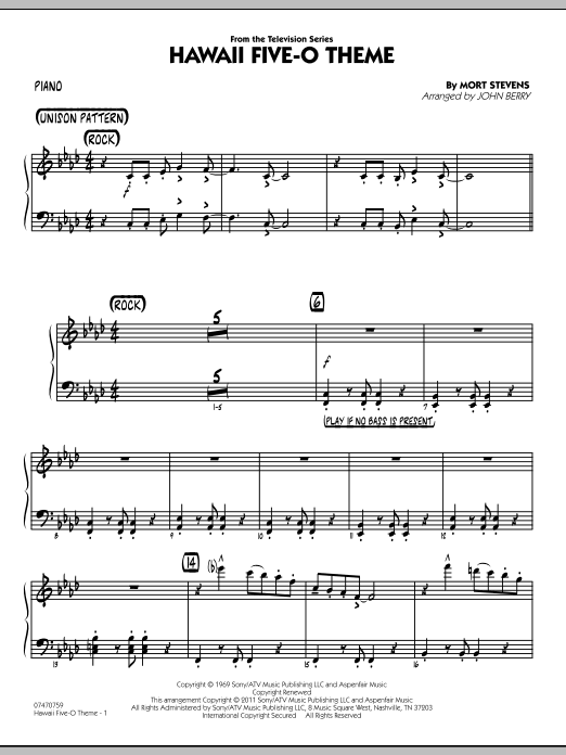 Learn to play John Berry Hawaii Five-O Theme - Piano sheet music for Jazz Ensemble in minutes. John Berry Hawaii Five-O Theme - Piano sheet music preview music notes and score for Jazz Ensemble including 3 page(s)
