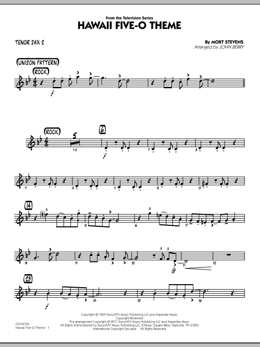 John Berry Hawaii Five-O Theme - Tenor Sax 2 sheet music preview music notes and score for Jazz Ensemble including 2 page(s)