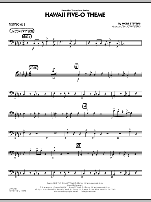 John Berry Hawaii Five-O Theme - Trombone 2 sheet music preview music notes and score for Jazz Ensemble including 2 page(s)