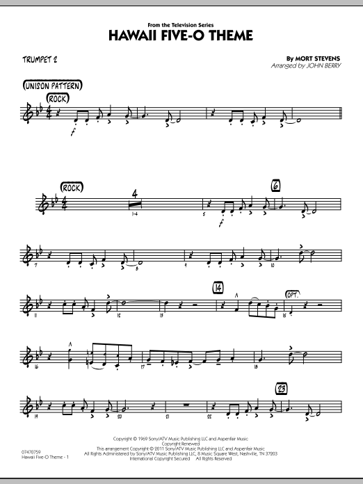 Learn to play John Berry Hawaii Five-O Theme - Trumpet 2 sheet music for Jazz Ensemble in minutes. John Berry Hawaii Five-O Theme - Trumpet 2 sheet music preview music notes and score for Jazz Ensemble including 2 page(s)
