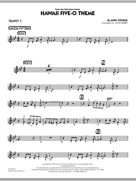 Learn to play John Berry Hawaii Five-O Theme - Trumpet 3 sheet music for Jazz Ensemble in minutes. John Berry Hawaii Five-O Theme - Trumpet 3 sheet music preview music notes and score for Jazz Ensemble including 2 page(s)