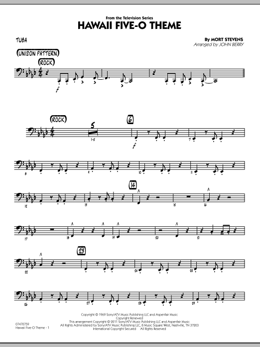 John Berry Hawaii Five-O Theme - Tuba sheet music preview music notes and score for Jazz Ensemble including 2 page(s)