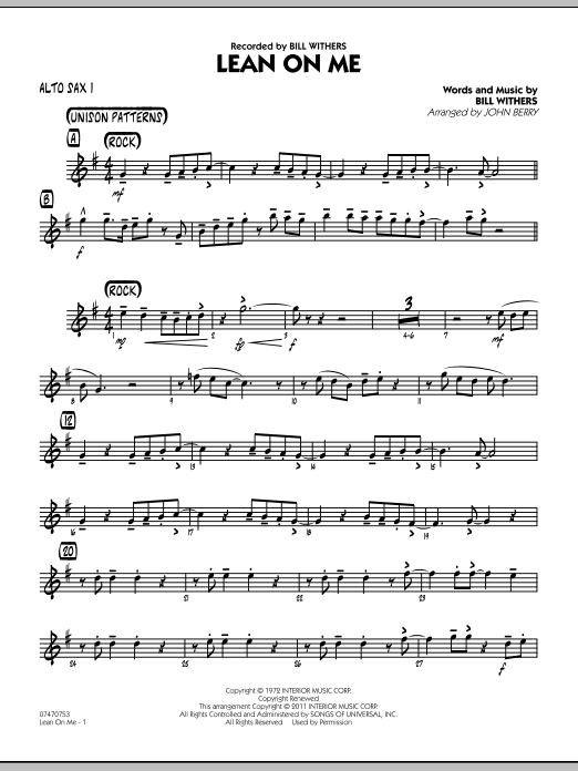 Learn to play John Berry Lean On Me - Alto Sax 1 sheet music for Jazz Ensemble in minutes. John Berry Lean On Me - Alto Sax 1 sheet music preview music notes and score for Jazz Ensemble including 2 page(s)