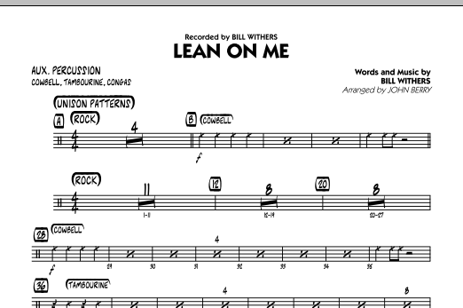 Learn to play John Berry Lean On Me - Aux Percussion sheet music for Jazz Ensemble in minutes. John Berry Lean On Me - Aux Percussion sheet music preview music notes and score for Jazz Ensemble including 1 page(s)
