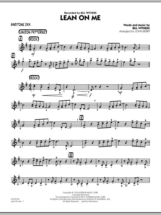 Learn to play John Berry Lean On Me - Baritone Sax sheet music for Jazz Ensemble in minutes. John Berry Lean On Me - Baritone Sax sheet music preview music notes and score for Jazz Ensemble including 2 page(s)