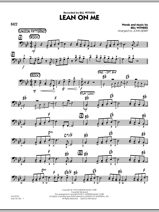 John Berry Lean On Me - Bass sheet music preview music notes and score for Jazz Ensemble including 2 page(s)
