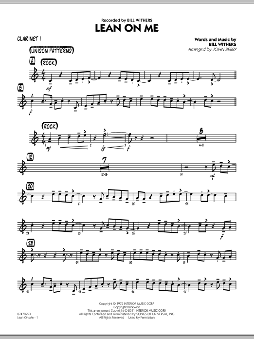 John Berry Lean On Me - Bb Clarinet 1 sheet music preview music notes and score for Jazz Ensemble including 2 page(s)
