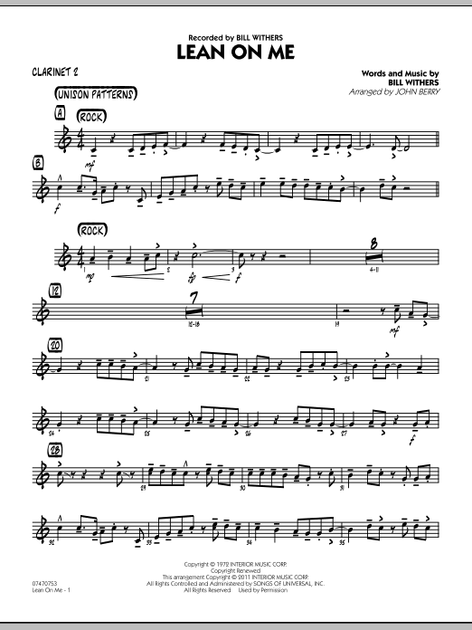 John Berry Lean On Me - Bb Clarinet 2 sheet music preview music notes and score for Jazz Ensemble including 2 page(s)