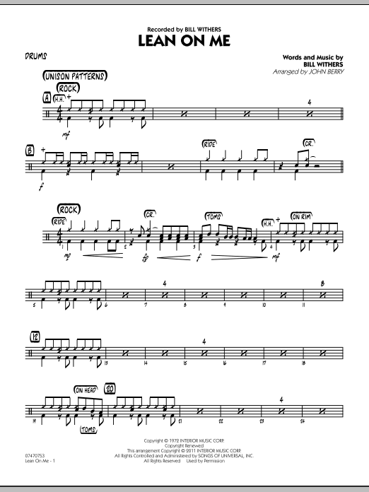 Learn to play John Berry Lean On Me - Drums sheet music for Jazz Ensemble in minutes. John Berry Lean On Me - Drums sheet music preview music notes and score for Jazz Ensemble including 2 page(s)