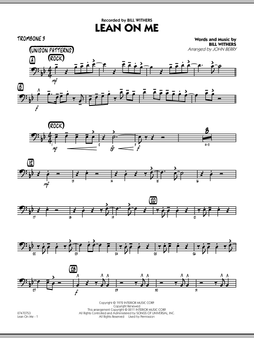John Berry Lean On Me - Trombone 3 sheet music preview music notes and score for Jazz Ensemble including 2 page(s)