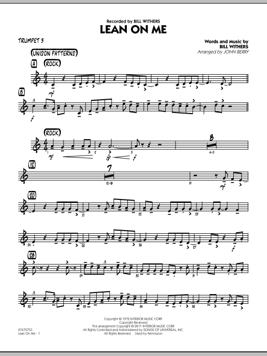 Learn to play John Berry Lean On Me - Trumpet 3 sheet music for Jazz Ensemble in minutes. John Berry Lean On Me - Trumpet 3 sheet music preview music notes and score for Jazz Ensemble including 2 page(s)