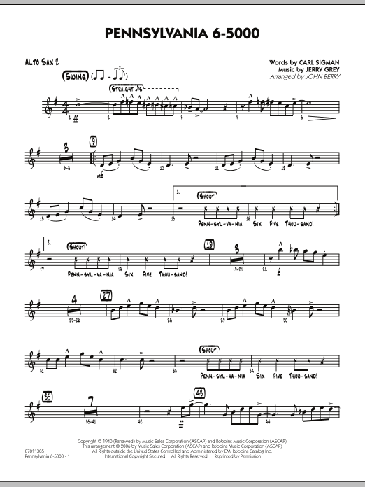 Learn to play John Berry Pennsylvania 6-5000 - Alto Sax 2 sheet music for Jazz Ensemble in minutes. John Berry Pennsylvania 6-5000 - Alto Sax 2 sheet music preview music notes and score for Jazz Ensemble including 2 page(s)