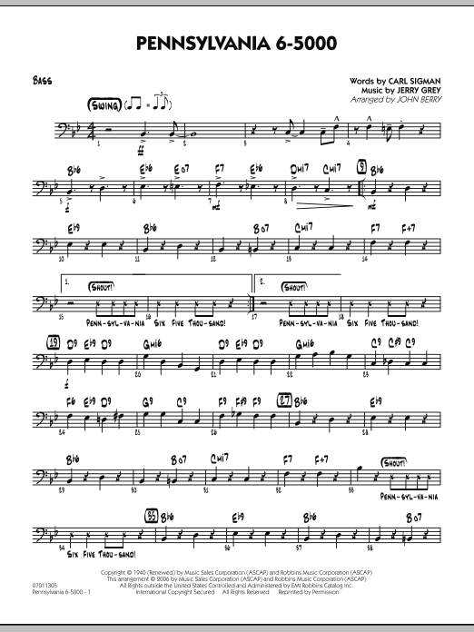 Learn to play John Berry Pennsylvania 6-5000 - Bass sheet music for Jazz Ensemble in minutes. John Berry Pennsylvania 6-5000 - Bass sheet music preview music notes and score for Jazz Ensemble including 2 page(s)
