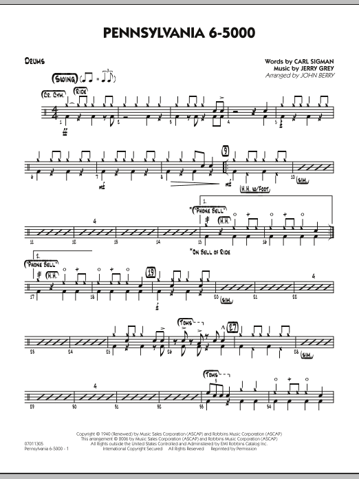 Learn to play John Berry Pennsylvania 6-5000 - Drums sheet music for Jazz Ensemble in minutes. John Berry Pennsylvania 6-5000 - Drums sheet music preview music notes and score for Jazz Ensemble including 2 page(s)