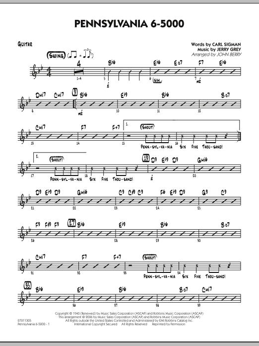 Learn to play John Berry Pennsylvania 6-5000 - Guitar sheet music for Jazz Ensemble in minutes. John Berry Pennsylvania 6-5000 - Guitar sheet music preview music notes and score for Jazz Ensemble including 2 page(s)