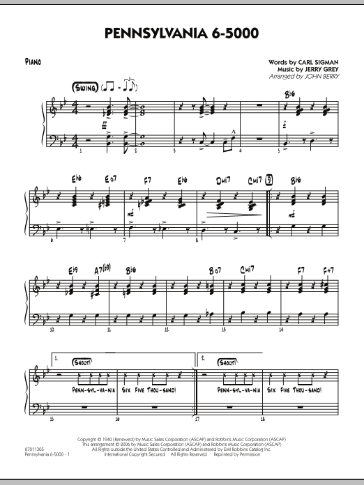 Learn to play John Berry Pennsylvania 6-5000 - Piano sheet music for Jazz Ensemble in minutes. John Berry Pennsylvania 6-5000 - Piano sheet music preview music notes and score for Jazz Ensemble including 4 page(s)