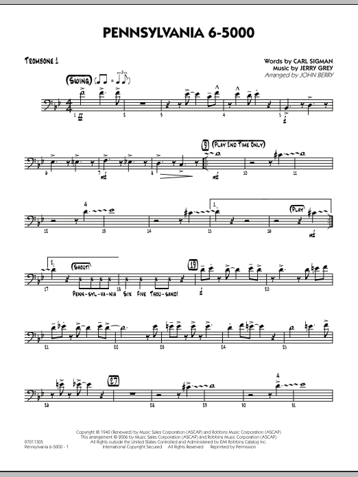 Learn to play John Berry Pennsylvania 6-5000 - Trombone 1 sheet music for Jazz Ensemble in minutes. John Berry Pennsylvania 6-5000 - Trombone 1 sheet music preview music notes and score for Jazz Ensemble including 2 page(s)
