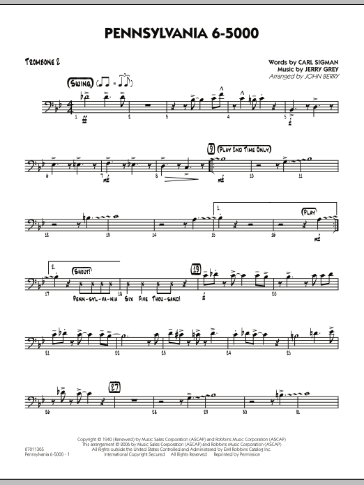 Learn to play John Berry Pennsylvania 6-5000 - Trombone 2 sheet music for Jazz Ensemble in minutes. John Berry Pennsylvania 6-5000 - Trombone 2 sheet music preview music notes and score for Jazz Ensemble including 2 page(s)