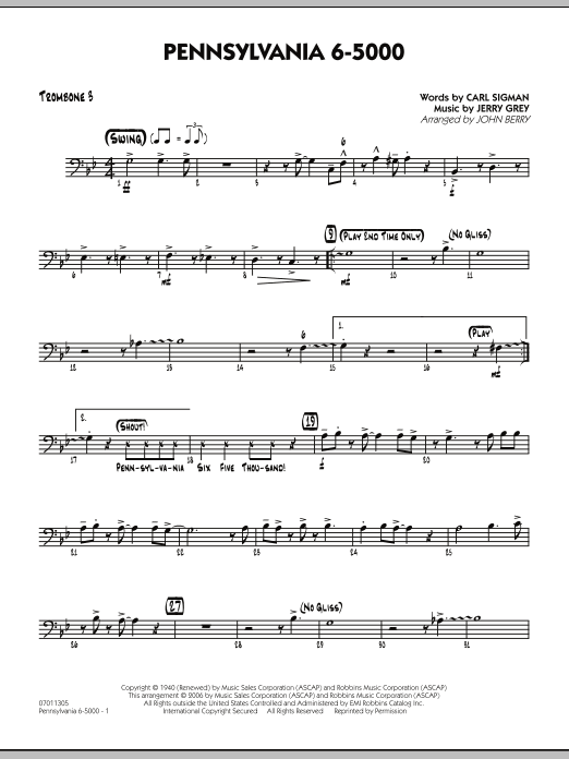Learn to play John Berry Pennsylvania 6-5000 - Trombone 3 sheet music for Jazz Ensemble in minutes. John Berry Pennsylvania 6-5000 - Trombone 3 sheet music preview music notes and score for Jazz Ensemble including 2 page(s)