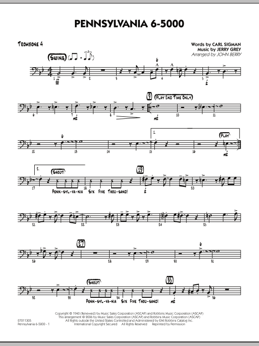 Learn to play John Berry Pennsylvania 6-5000 - Trombone 4 sheet music for Jazz Ensemble in minutes. John Berry Pennsylvania 6-5000 - Trombone 4 sheet music preview music notes and score for Jazz Ensemble including 2 page(s)