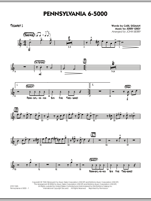 Learn to play John Berry Pennsylvania 6-5000 - Trumpet 1 sheet music for Jazz Ensemble in minutes. John Berry Pennsylvania 6-5000 - Trumpet 1 sheet music preview music notes and score for Jazz Ensemble including 2 page(s)