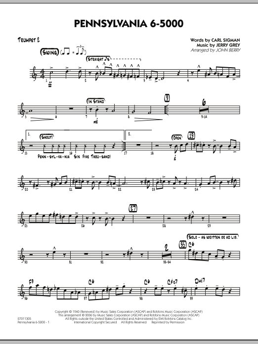 Learn to play John Berry Pennsylvania 6-5000 - Trumpet 2 sheet music for Jazz Ensemble in minutes. John Berry Pennsylvania 6-5000 - Trumpet 2 sheet music preview music notes and score for Jazz Ensemble including 2 page(s)