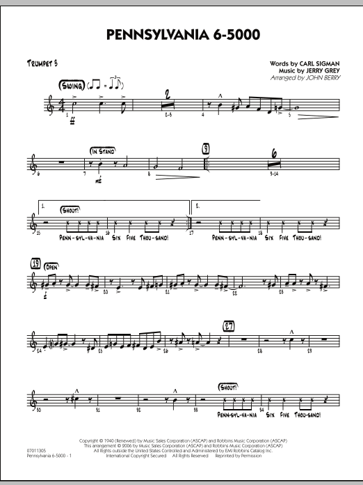 Learn to play John Berry Pennsylvania 6-5000 - Trumpet 3 sheet music for Jazz Ensemble in minutes. John Berry Pennsylvania 6-5000 - Trumpet 3 sheet music preview music notes and score for Jazz Ensemble including 2 page(s)