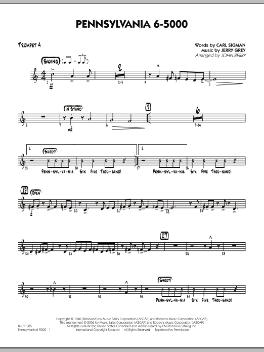 Learn to play John Berry Pennsylvania 6-5000 - Trumpet 4 sheet music for Jazz Ensemble in minutes. John Berry Pennsylvania 6-5000 - Trumpet 4 sheet music preview music notes and score for Jazz Ensemble including 2 page(s)
