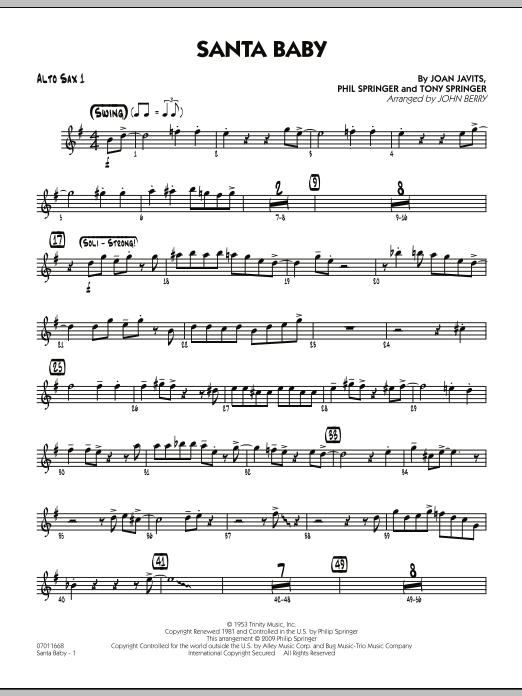 Learn to play John Berry Santa Baby - Alto Sax 1 sheet music for Jazz Ensemble in minutes. John Berry Santa Baby - Alto Sax 1 sheet music preview music notes and score for Jazz Ensemble including 2 page(s)