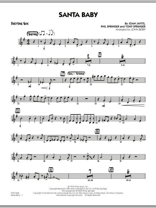 Learn to play John Berry Santa Baby - Baritone Sax sheet music for Jazz Ensemble in minutes. John Berry Santa Baby - Baritone Sax sheet music preview music notes and score for Jazz Ensemble including 2 page(s)