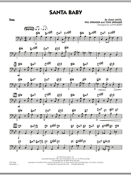 Learn to play John Berry Santa Baby - Bass sheet music for Jazz Ensemble in minutes. John Berry Santa Baby - Bass sheet music preview music notes and score for Jazz Ensemble including 3 page(s)