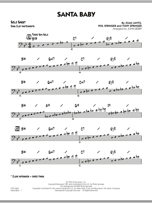 Learn to play John Berry Santa Baby - Bass Clef Solo Sheet sheet music for Jazz Ensemble in minutes. John Berry Santa Baby - Bass Clef Solo Sheet sheet music preview music notes and score for Jazz Ensemble including 2 page(s)