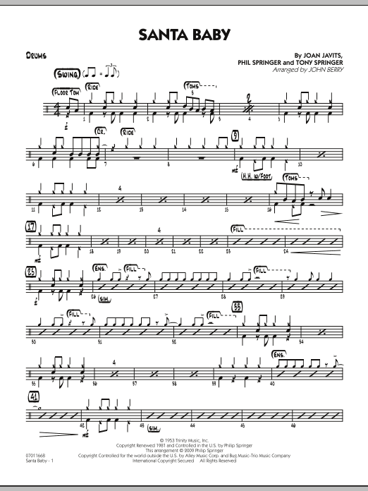 Learn to play John Berry Santa Baby - Drums sheet music for Jazz Ensemble in minutes. John Berry Santa Baby - Drums sheet music preview music notes and score for Jazz Ensemble including 2 page(s)