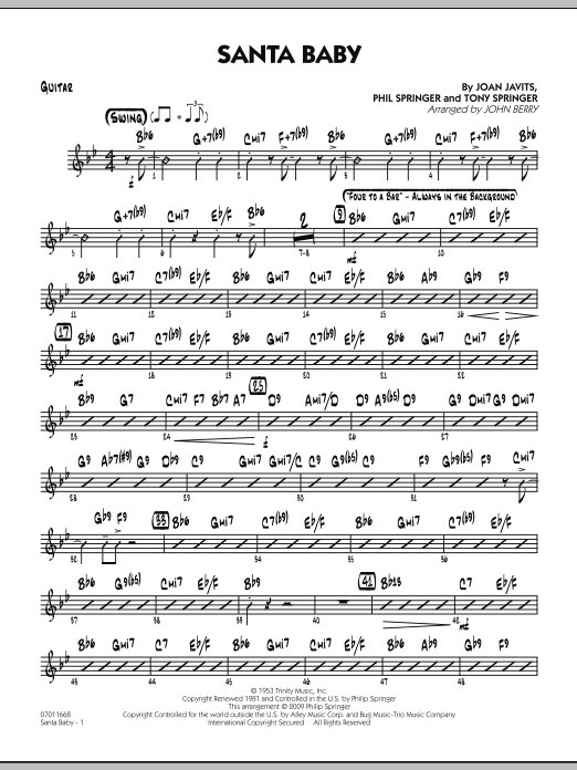 Learn to play John Berry Santa Baby - Guitar sheet music for Jazz Ensemble in minutes. John Berry Santa Baby - Guitar sheet music preview music notes and score for Jazz Ensemble including 2 page(s)