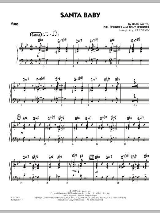 Learn to play John Berry Santa Baby - Piano sheet music for Jazz Ensemble in minutes. John Berry Santa Baby - Piano sheet music preview music notes and score for Jazz Ensemble including 4 page(s)