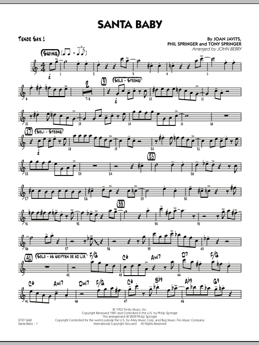 Learn to play John Berry Santa Baby - Tenor Sax 1 sheet music for Jazz Ensemble in minutes. John Berry Santa Baby - Tenor Sax 1 sheet music preview music notes and score for Jazz Ensemble including 2 page(s)
