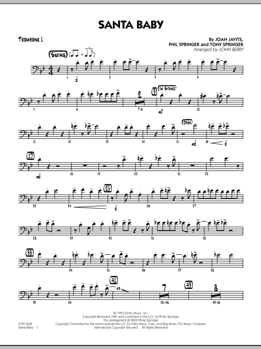 Learn to play John Berry Santa Baby - Trombone 1 sheet music for Jazz Ensemble in minutes. John Berry Santa Baby - Trombone 1 sheet music preview music notes and score for Jazz Ensemble including 2 page(s)