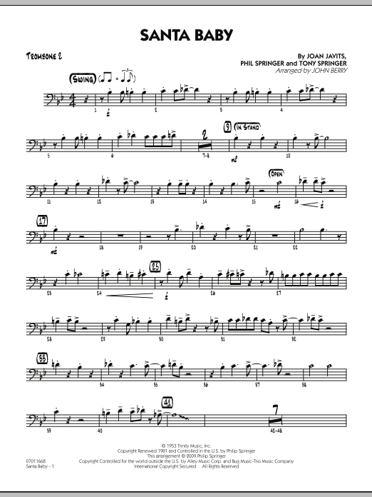 Learn to play John Berry Santa Baby - Trombone 2 sheet music for Jazz Ensemble in minutes. John Berry Santa Baby - Trombone 2 sheet music preview music notes and score for Jazz Ensemble including 2 page(s)