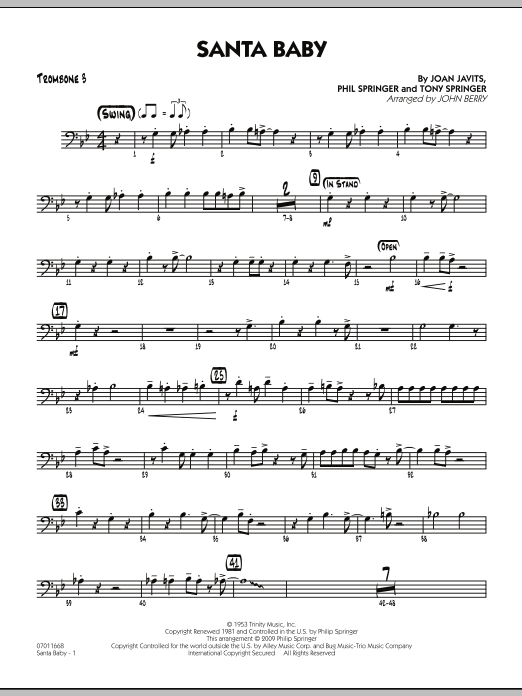Learn to play John Berry Santa Baby - Trombone 3 sheet music for Jazz Ensemble in minutes. John Berry Santa Baby - Trombone 3 sheet music preview music notes and score for Jazz Ensemble including 2 page(s)