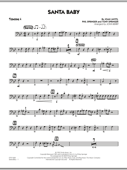 Learn to play John Berry Santa Baby - Trombone 4 sheet music for Jazz Ensemble in minutes. John Berry Santa Baby - Trombone 4 sheet music preview music notes and score for Jazz Ensemble including 2 page(s)