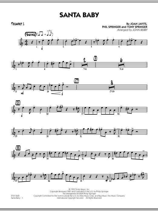 Learn to play John Berry Santa Baby - Trumpet 1 sheet music for Jazz Ensemble in minutes. John Berry Santa Baby - Trumpet 1 sheet music preview music notes and score for Jazz Ensemble including 2 page(s)