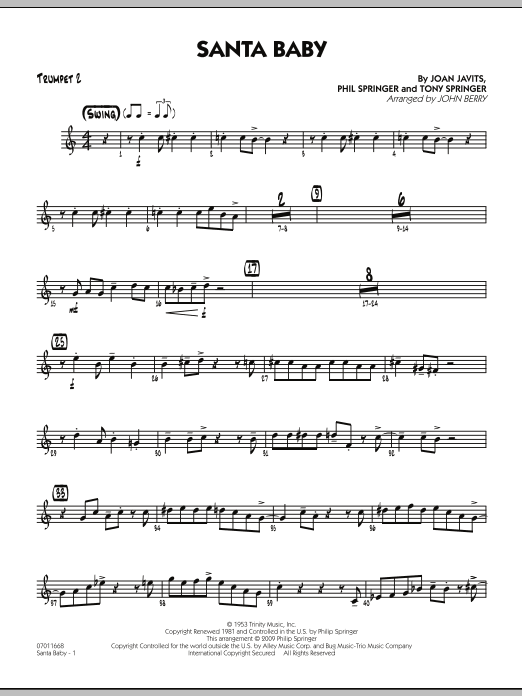 Learn to play John Berry Santa Baby - Trumpet 2 sheet music for Jazz Ensemble in minutes. John Berry Santa Baby - Trumpet 2 sheet music preview music notes and score for Jazz Ensemble including 2 page(s)