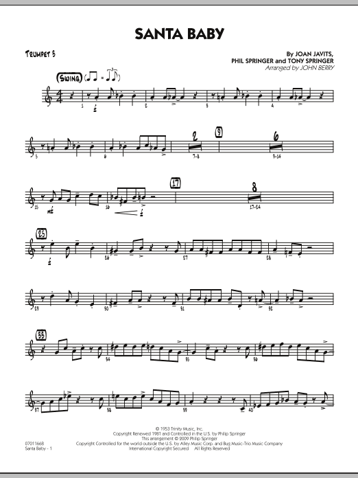 Learn to play John Berry Santa Baby - Trumpet 3 sheet music for Jazz Ensemble in minutes. John Berry Santa Baby - Trumpet 3 sheet music preview music notes and score for Jazz Ensemble including 2 page(s)