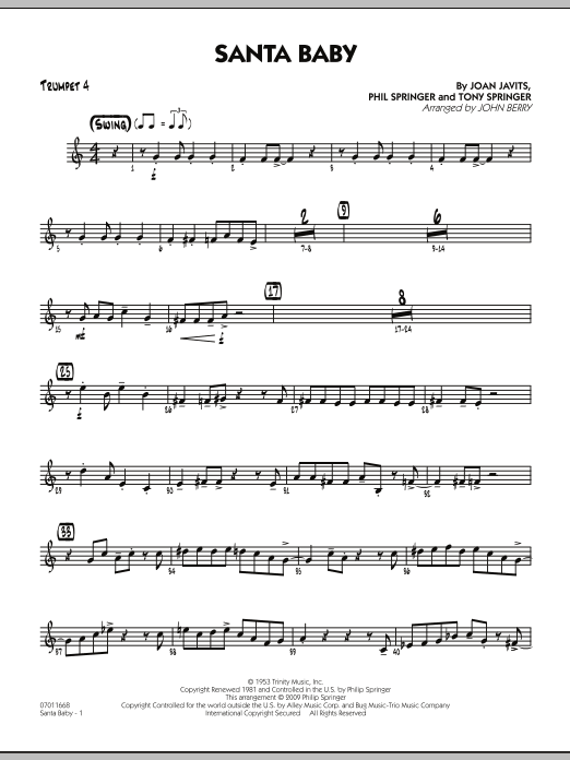 Learn to play John Berry Santa Baby - Trumpet 4 sheet music for Jazz Ensemble in minutes. John Berry Santa Baby - Trumpet 4 sheet music preview music notes and score for Jazz Ensemble including 2 page(s)