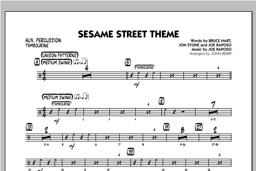 John Berry Sesame Street Theme - Aux Percussion sheet music preview music notes and score for Jazz Ensemble including 1 page(s)