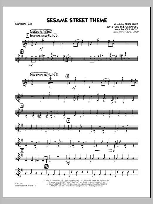 John Berry Sesame Street Theme - Baritone Sax sheet music preview music notes and score for Jazz Ensemble including 2 page(s)