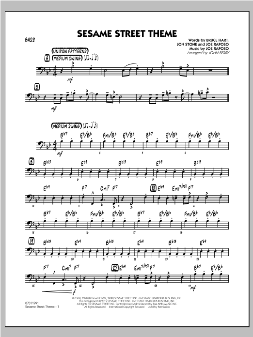 Learn to play John Berry Sesame Street Theme - Bass sheet music for Jazz Ensemble in minutes. John Berry Sesame Street Theme - Bass sheet music preview music notes and score for Jazz Ensemble including 2 page(s)