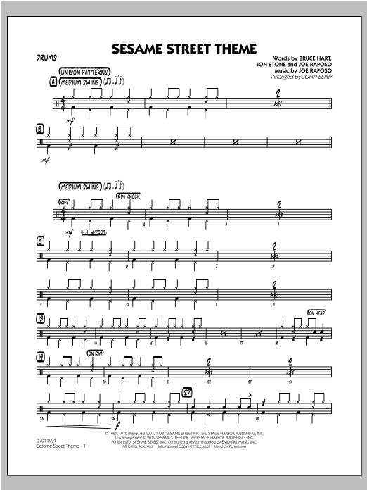 Learn to play John Berry Sesame Street Theme - Drums sheet music for Jazz Ensemble in minutes. John Berry Sesame Street Theme - Drums sheet music preview music notes and score for Jazz Ensemble including 2 page(s)