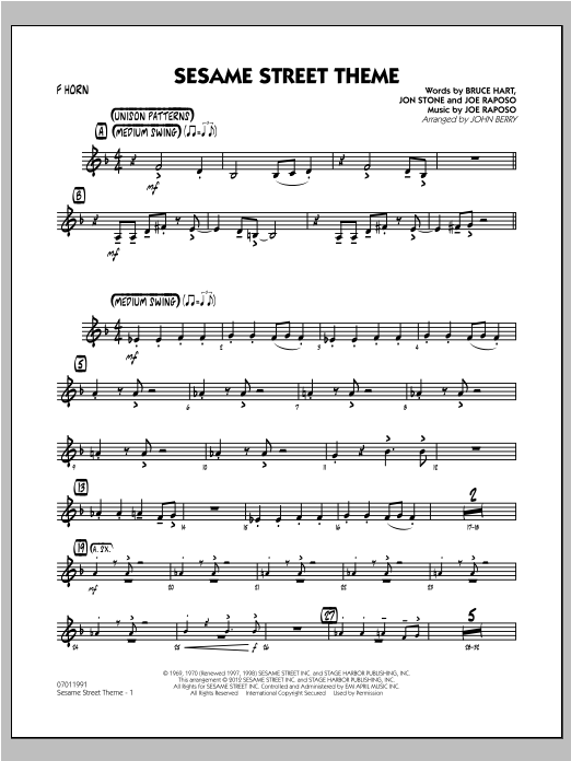 Learn to play John Berry Sesame Street Theme - F Horn sheet music for Jazz Ensemble in minutes. John Berry Sesame Street Theme - F Horn sheet music preview music notes and score for Jazz Ensemble including 2 page(s)